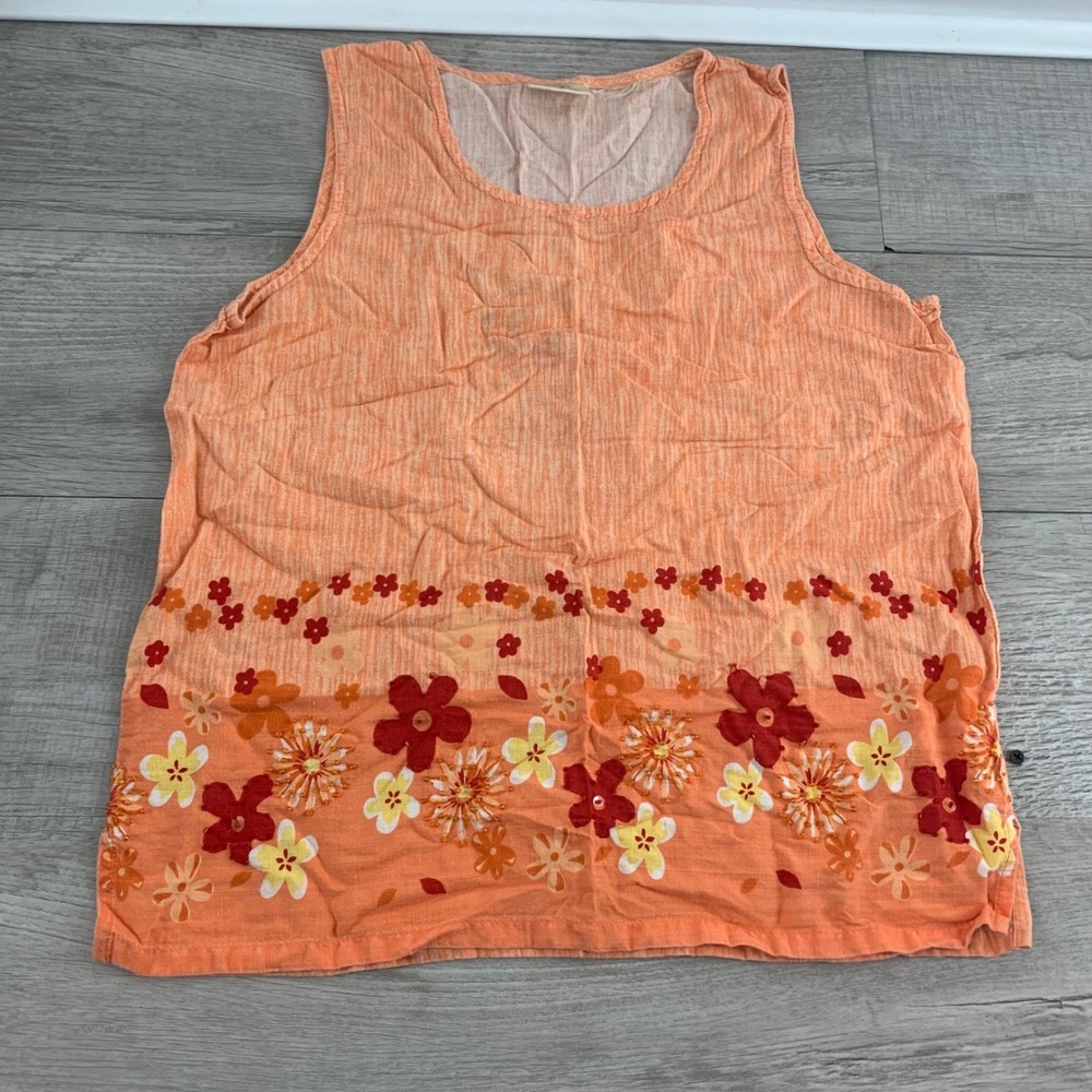 Bobbie Brooks Orange Floral Beaded Sequin Tank Top Sleeveless Scoop Neck Slub L